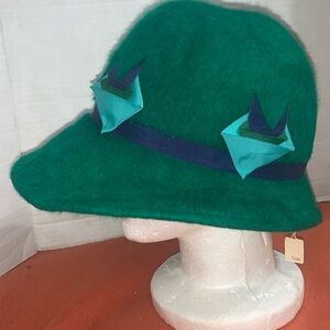 Stylish Teal Felt Hat with Ribbon Details